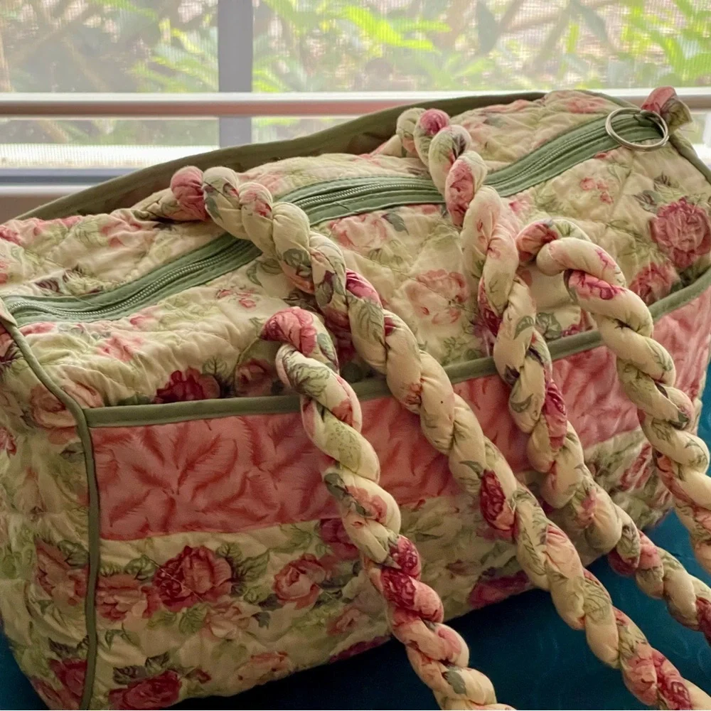 Quilted Floral Satchel Bag in Pink and Cream
